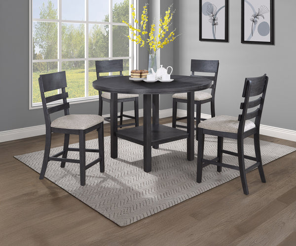 Elevate your dining experience with this contemporary dining group, where modern design meets rustic charm. Crafted with a rich, dark finish, the round table offers a built in turntable and an open shelf below. The subtle grain detailing on the table-'s s