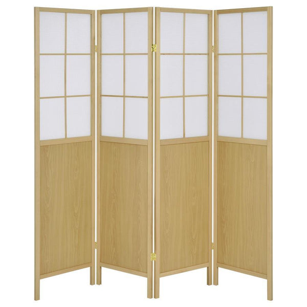  semi-opaque upper panels and a solid natural wood finish lower