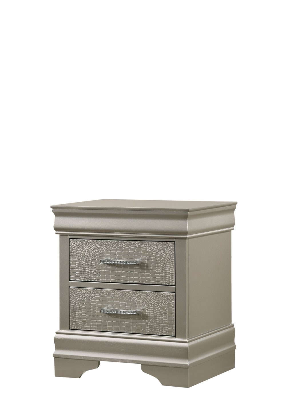 This bedroom set embodies a refined elegance with its soft silver hue and luxurious textures, perfect for creating a serene and sophisticated sanctuary. The centerpiece is a sumptuous bed framed by a headboard with diamond-tufted detailing, offering a tou