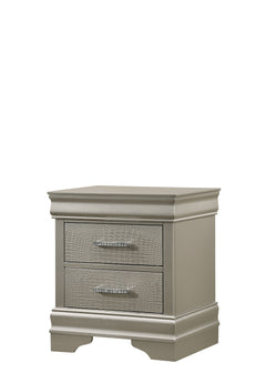 This bedroom set embodies a refined elegance with its soft silver hue and luxurious textures, perfect for creating a serene and sophisticated sanctuary. The centerpiece is a sumptuous bed framed by a headboard with diamond-tufted detailing, offering a tou