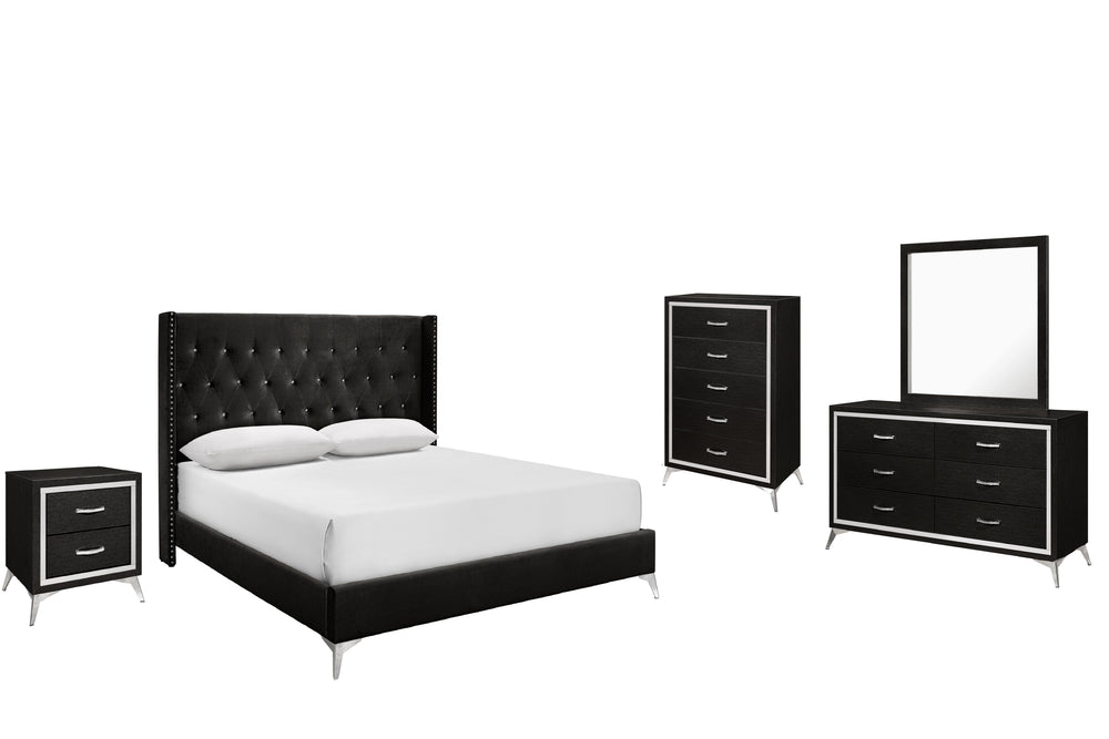 The Huxley 5-Piece Bedroom Set in Black offers a perfect blend of contemporary glam and durability for your home. This set includes an upholstered bed with headboard, footboard, two side rails, and slat kit, along with a 6-drawer dresser, mirror, 2-drawer