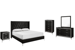 The Huxley 5-Piece Bedroom Set in Black offers a perfect blend of contemporary glam and durability for your home. This set includes an upholstered bed with headboard, footboard, two side rails, and slat kit, along with a 6-drawer dresser, mirror, 2-drawer