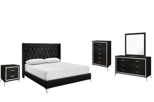 The Huxley 5-Piece Bedroom Set in Black offers a perfect blend of contemporary glam and durability for your home. This set includes an upholstered bed with headboard, footboard, two side rails, and slat kit, along with a 6-drawer dresser, mirror, 2-drawer