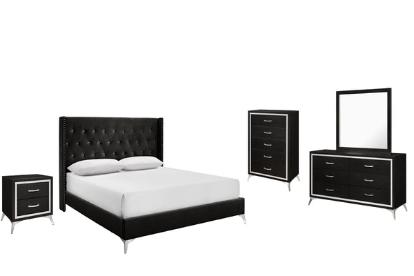 The Huxley 5-Piece Bedroom Set in Black offers a perfect blend of contemporary glam and durability for your home. This set includes an upholstered bed with headboard, footboard, two side rails, and slat kit, along with a 6-drawer dresser, mirror, 2-drawer