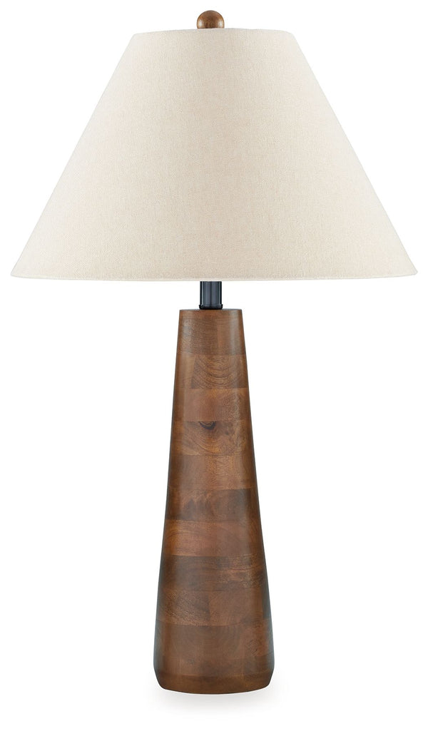 Clean, contemporary style can be sleek and shinyâ€”or subtle and earthy. We love how this table lamp falls into the latter category. Pairing a stylish shade with a wood base bathed in a honey brown finish, it has a delightfully different yet simply illumi