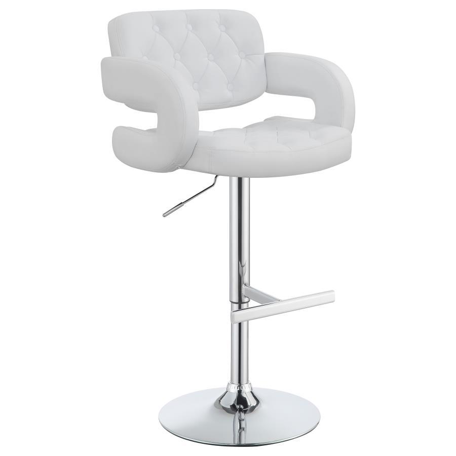 A rec room or home bar never had such chic bar seating. Chrome finish leg and base with shimmering white upholstery. Cushioned seat adjusts to maximize your presence, with chrome footrest to help maintain your perspective. Padded armrest allows you to lea