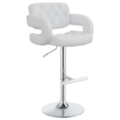 A rec room or home bar never had such chic bar seating. Chrome finish leg and base with shimmering white upholstery. Cushioned seat adjusts to maximize your presence, with chrome footrest to help maintain your perspective. Padded armrest allows you to lea