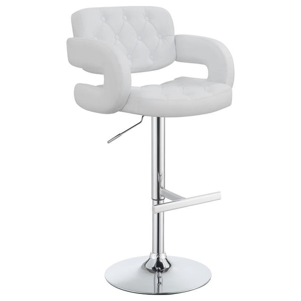 A rec room or home bar never had such chic bar seating. Chrome finish leg and base with shimmering white upholstery. Cushioned seat adjusts to maximize your presence, with chrome footrest to help maintain your perspective. Padded armrest allows you to lea