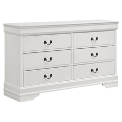 Create a central space for clothing and accessories with a transitional six-drawer dresser. Built for versatility, it boasts a crisp white finish with contrasting dark hanging pulls on its drawer fronts. Each drawer delivers smooth performance with a cent