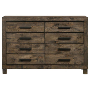  rustic style dresser. A golden brown finish with natural wood grains adds warmth and depth to its design. Eight storage drawers provide plenty of space for clothing and bedroom essent