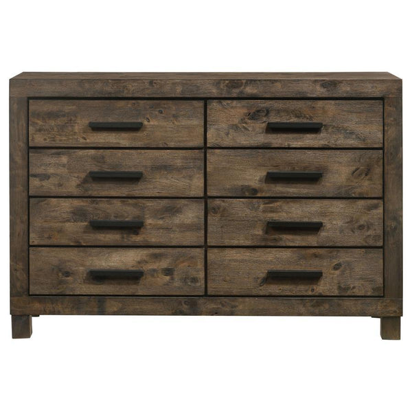  rustic style dresser. A golden brown finish with natural wood grains adds warmth and depth to its design. Eight storage drawers provide plenty of space for clothing and bedroom essent