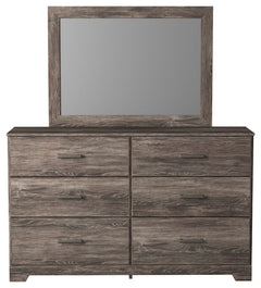With its clean-lined look and modern attitude, this dresser and mirror is a fresh style awakening. Warm gray hue over replicated oak grain easily complements other furniture finishes. Smooth drawer fronts with antiqued pewter-tone handles completes the ae