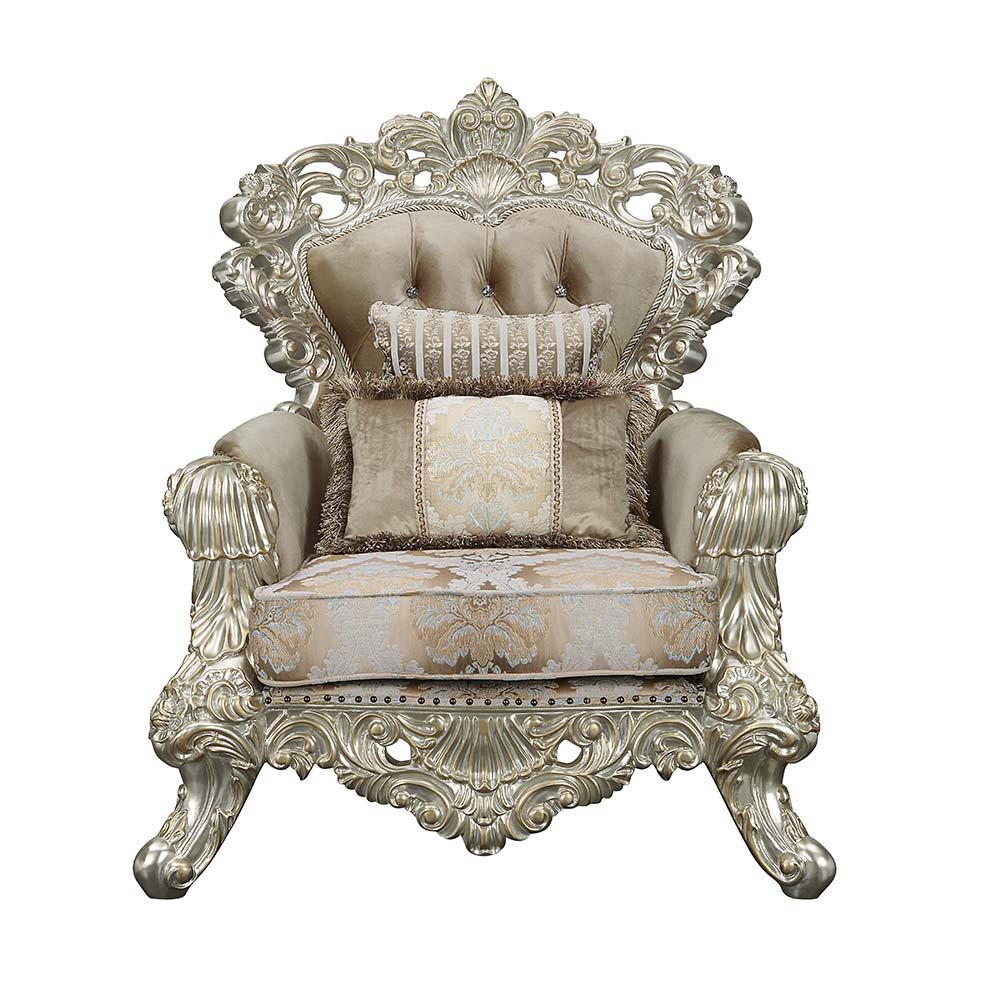 Leave your guests speechless when they enter your living room with the Sorina sofa. The stunning gold outer frame is flawlessly paired with the crystal-like button tufting to create a rich look. The damask upholstered seat cushion perfectly complements th