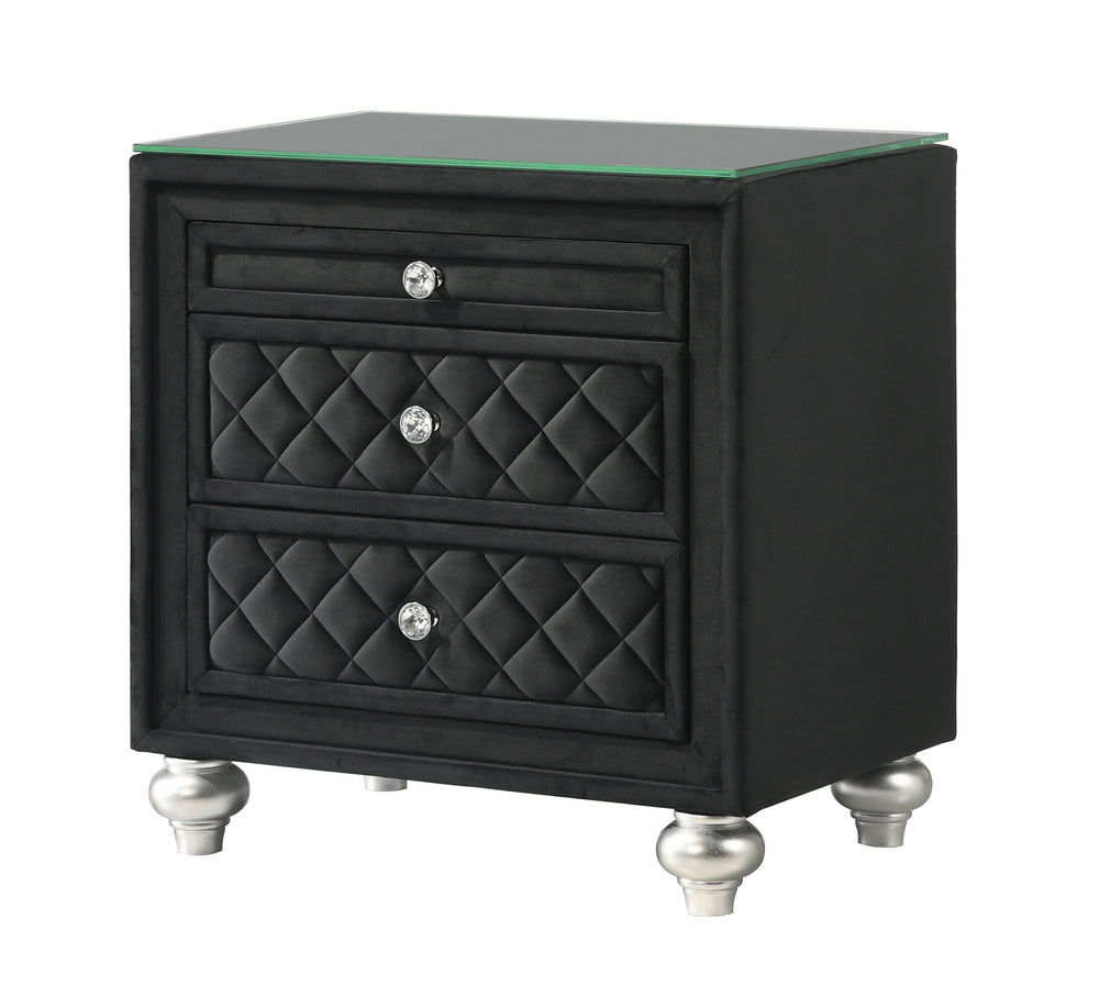 Indulge in timeless elegance and dramatic sophistication with this stunning bedroom collection, designed to make a bold statement. The centerpiece features an exquisitely tufted headboard with luxurious upholstery and intricate nailhead trim, exuding opul