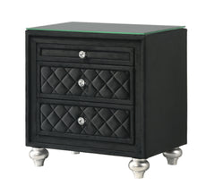 Indulge in timeless elegance and dramatic sophistication with this stunning bedroom collection, designed to make a bold statement. The centerpiece features an exquisitely tufted headboard with luxurious upholstery and intricate nailhead trim, exuding opul