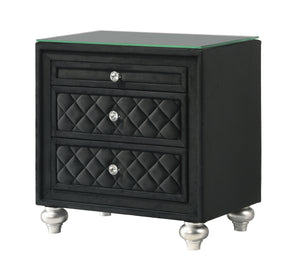 Indulge in timeless elegance and dramatic sophistication with this stunning bedroom collection, designed to make a bold statement. The centerpiece features an exquisitely tufted headboard with luxurious upholstery and intricate nailhead trim, exuding opul