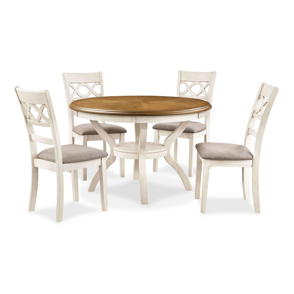 The farmhouse appeal of the Cori 5 Piece Dining Table and Chair Set is beautifully created with durability and comfort in mind. This dining set provides spacious seating for four and a handy storage shelf located under the table top to display dinnerware 