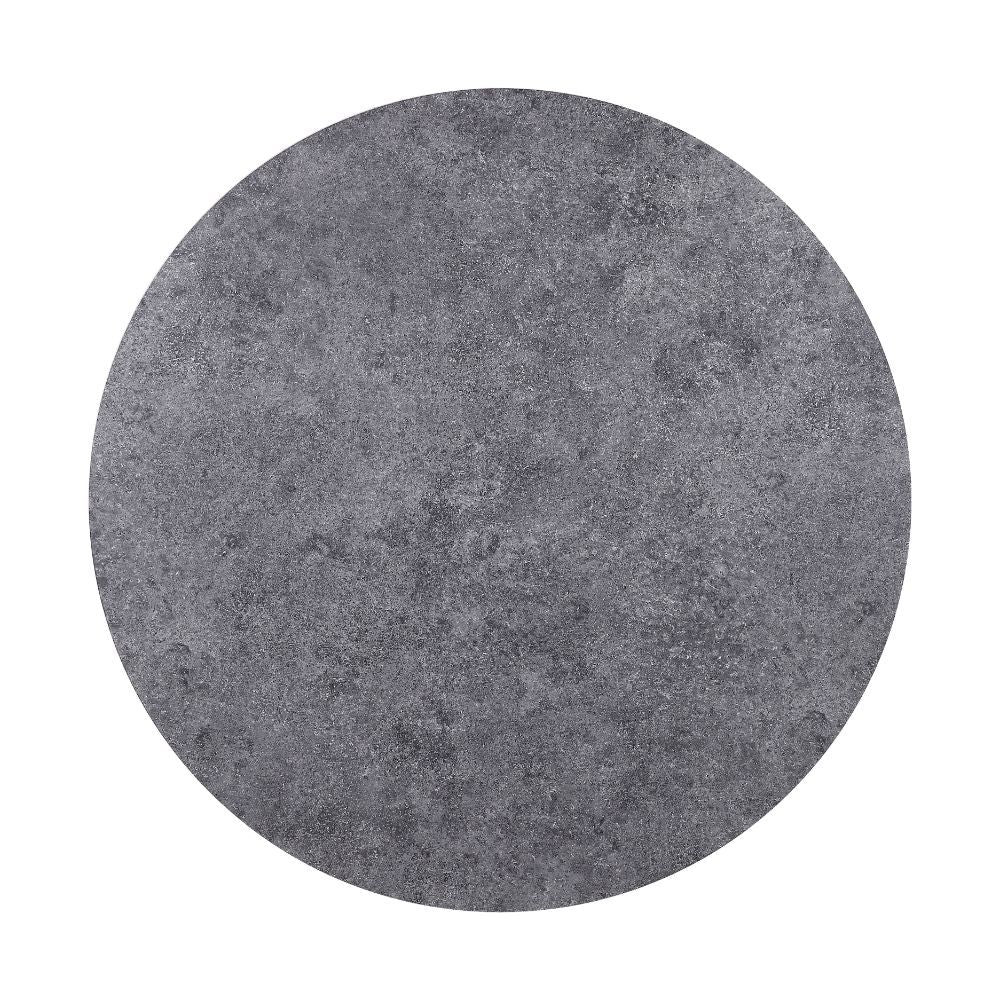 The Ansonia dining set features a pedestal dining table with a fixed round top and a trendy faux concrete finish. The matching side chairs are perched on sled metal bases with shiny chrome finish that contrasts beautifully with the gray PU upholstery on t