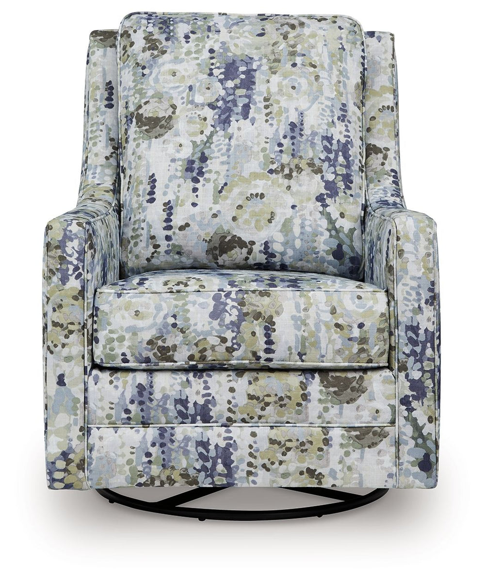 Eye-catching contemporary style and modern comfort? Yes, please. This swivel glider accent chair-'s abstract floral-patterned upholstery will have you sitting pretty. Simply flip the cushions over when it-'s time for a refresh. The chair-'s gentle rocking
