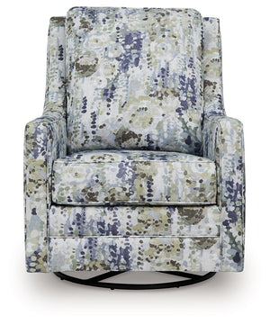  please. This swivel glider accent chair-'s abstract floral-patterned upholstery will have you sitting pretty. Simply flip the cushions over when it-'s time for a refresh. The chair-'s gentle rocking