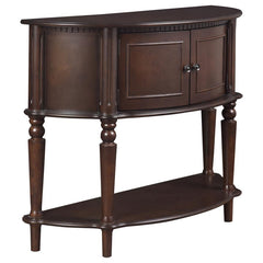 This traditional console table offers elegant storage with its curved demilune shape and warm brown finish. Constructed from poplar, engineered wood, and birch veneer, it features two paneled doors for concealed storage and a lower open shelf for display 