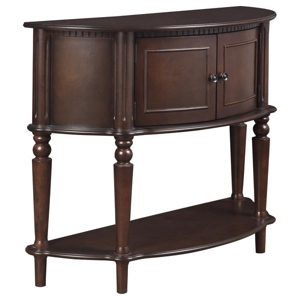 This traditional console table offers elegant storage with its curved demilune shape and warm brown finish. Constructed from poplar, engineered wood, and birch veneer, it features two paneled doors for concealed storage and a lower open shelf for display 