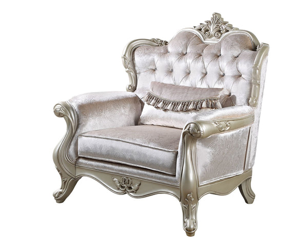 The Monique Royal Classic Arm Chair in champagne showcases heirloom-quality craftsmanship and timeless elegance. Expertly constructed from premium pine solids and adorned with durable polyurethane carvings, this chair is lightweight, moisture-resistant, a