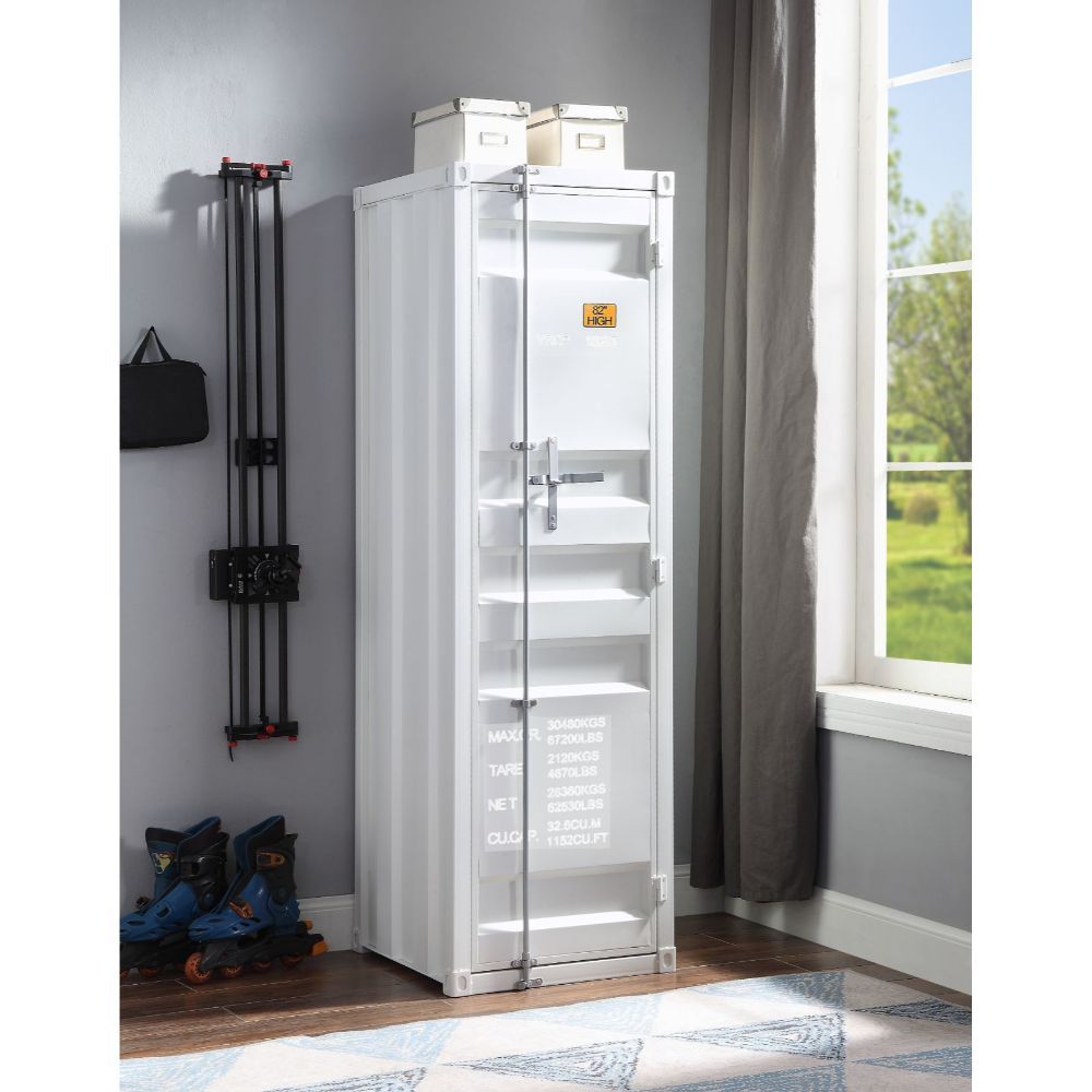 KD, Rectangular Wardrobe Storage: 1 Metal Door (Inside: 2 Compartments w/1 Metal Shelves), Top w/Hanging Clothes Rod Features: Metal Frame, Recessed Panels (Cargo Container Panels), Full-Length Container Lock (NO LEGS) CONSTRUCTION Metal Case: Iron Plate 