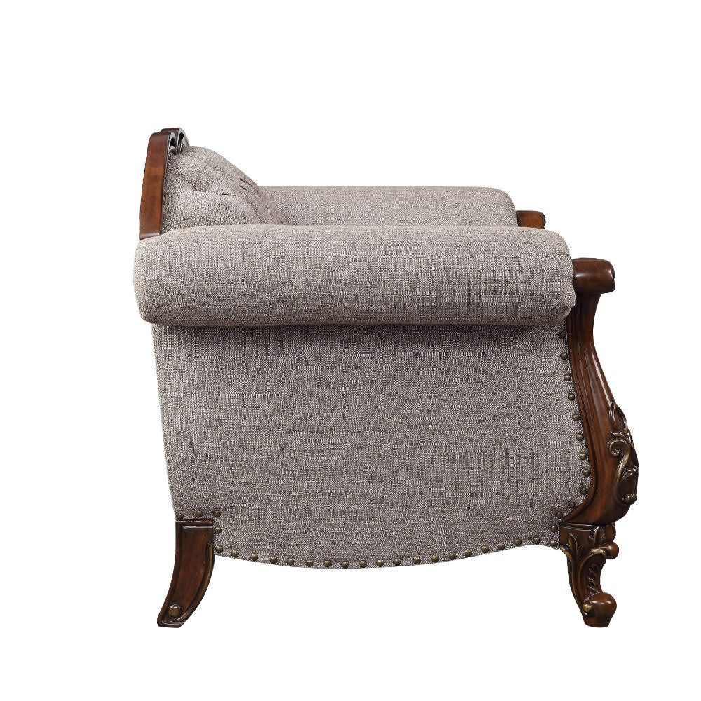 A new addition to Acmeâ€™s collection of exclusive designs, the Miyeon sofa set in cherry finish is full of handsome details. Nailhead trim along the padded seat base runs up the scrolled arms and arched seatbacks. Button tufting on the seatbacks makes th