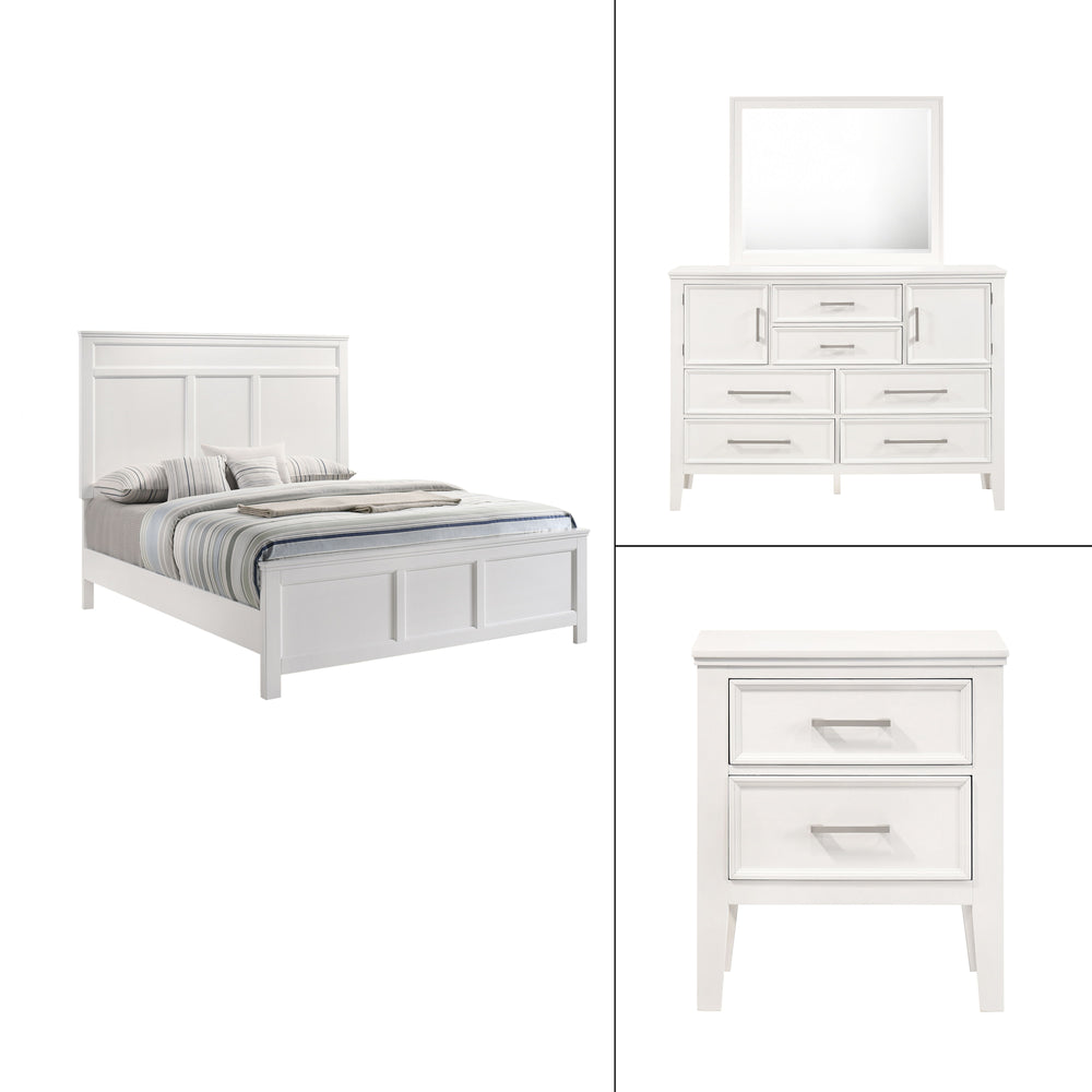 The Andover Wood 4-Piece Bedroom Set in White offers a perfect blend of durability, style, and functionality, making it an excellent choice for creating a cohesive and inviting bedroom space. This set includes a Panel Bed, Dresser, Mirror, and Nightstand,