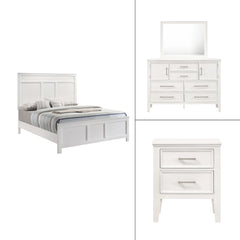 The Andover Wood 4-Piece Bedroom Set in White offers a perfect blend of durability, style, and functionality, making it an excellent choice for creating a cohesive and inviting bedroom space. This set includes a Panel Bed, Dresser, Mirror, and Nightstand,
