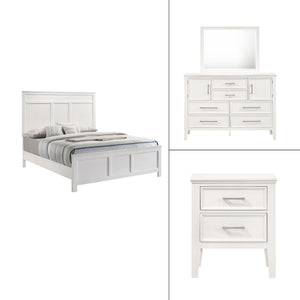 The Andover Wood 4-Piece Bedroom Set in White offers a perfect blend of durability, style, and functionality, making it an excellent choice for creating a cohesive and inviting bedroom space. This set includes a Panel Bed, Dresser, Mirror, and Nightstand,
