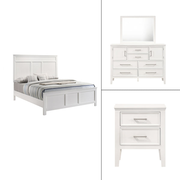 The Andover Wood 4-Piece Bedroom Set in White offers a perfect blend of durability, style, and functionality, making it an excellent choice for creating a cohesive and inviting bedroom space. This set includes a Panel Bed, Dresser, Mirror, and Nightstand,