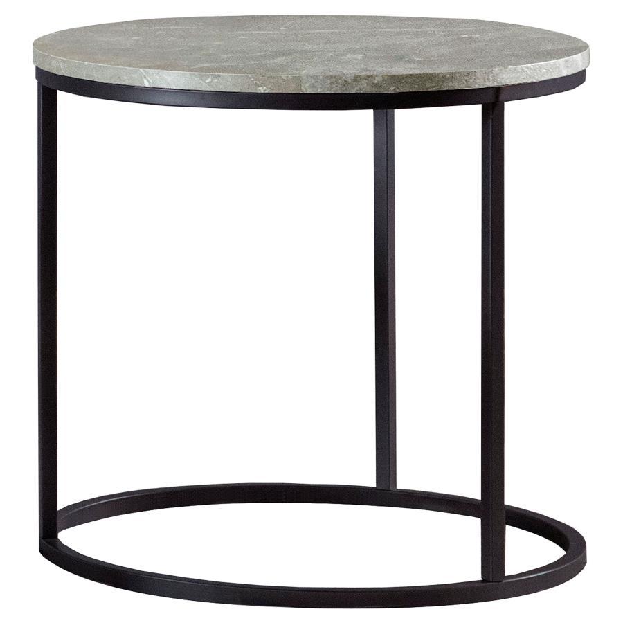 This sleek end table combines minimalist design with modern materials to create a striking accent piece. Featuring a round faux marble tabletop in grey, the piece is complemented by a sturdy gunmetal metal base. Its compact size makes it perfect for small