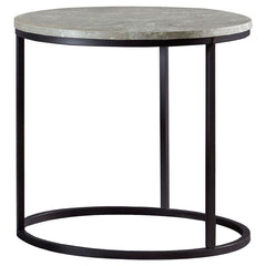This sleek end table combines minimalist design with modern materials to create a striking accent piece. Featuring a round faux marble tabletop in grey, the piece is complemented by a sturdy gunmetal metal base. Its compact size makes it perfect for small