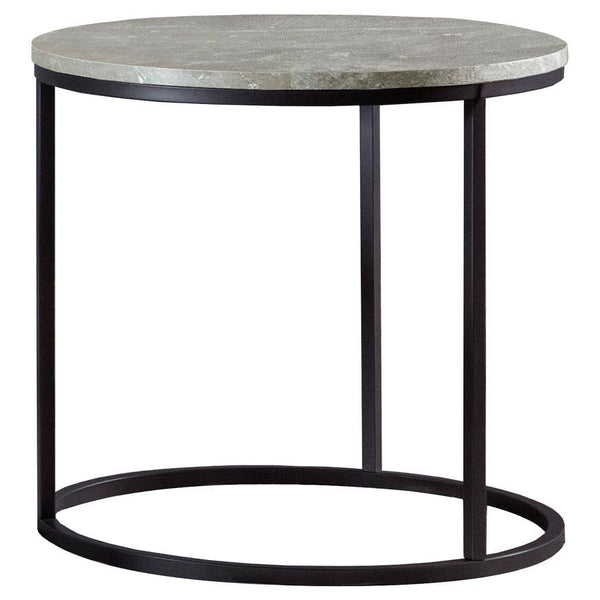 This sleek end table combines minimalist design with modern materials to create a striking accent piece. Featuring a round faux marble tabletop in grey, the piece is complemented by a sturdy gunmetal metal base. Its compact size makes it perfect for small