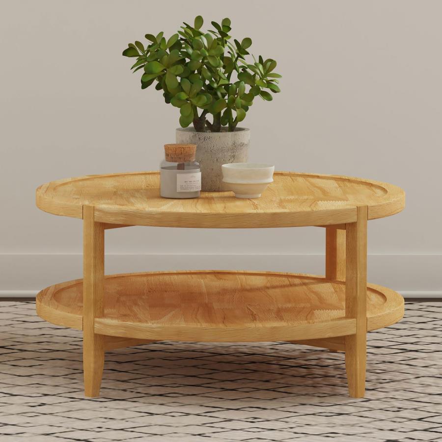Start fresh with the warmth and inviting ambiance of a modern farmhouse coffee table. Made from Asian hardwood, it features a maple finish that-'s timeless and welcoming, perfect for a family room. The round table creates flow and offers a lovely focal po