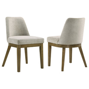 Complete your dining ensemble with this set of two modern side chairs. Offering inviting ambiance to your kitchen or dining room, the pair features a neutral look with a brown oak wood grain finish. Light tan fabric upholstery adds a touch of contrast and