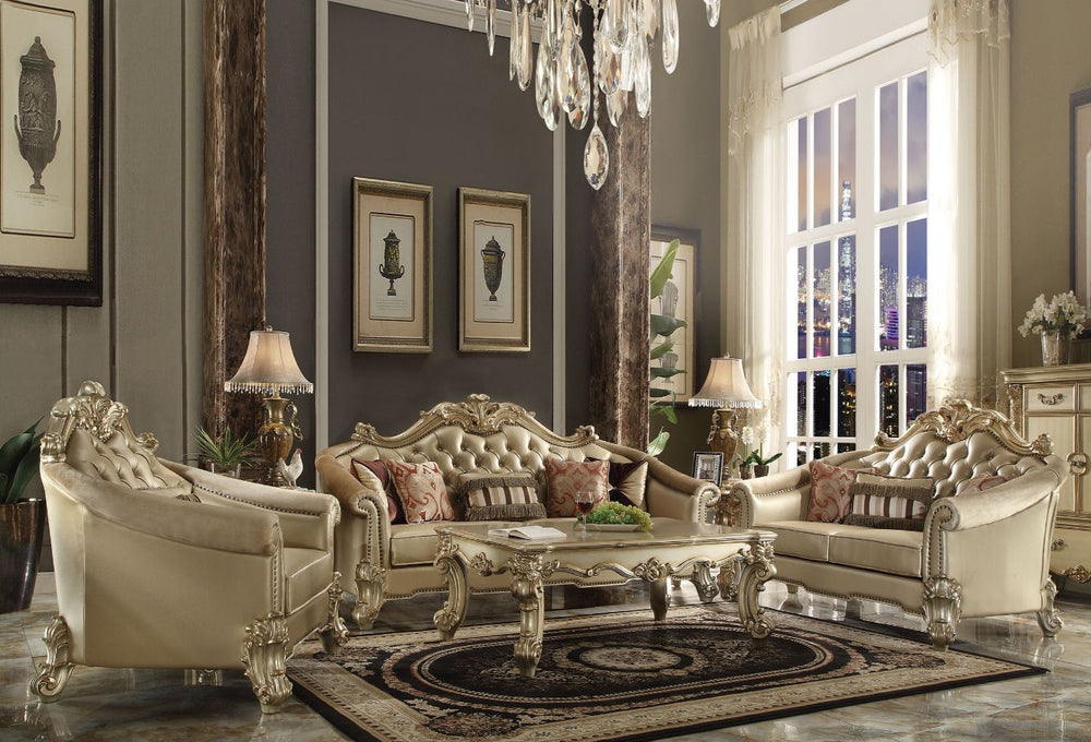 Tracing back to the classical Baroque era, expressed with intent and conviction, our new interpretation of Vendome II is donned. The Vendome II sofa-'s bone faux leather upholstery is grand and classy with crystal like button tufting on the back in a crac