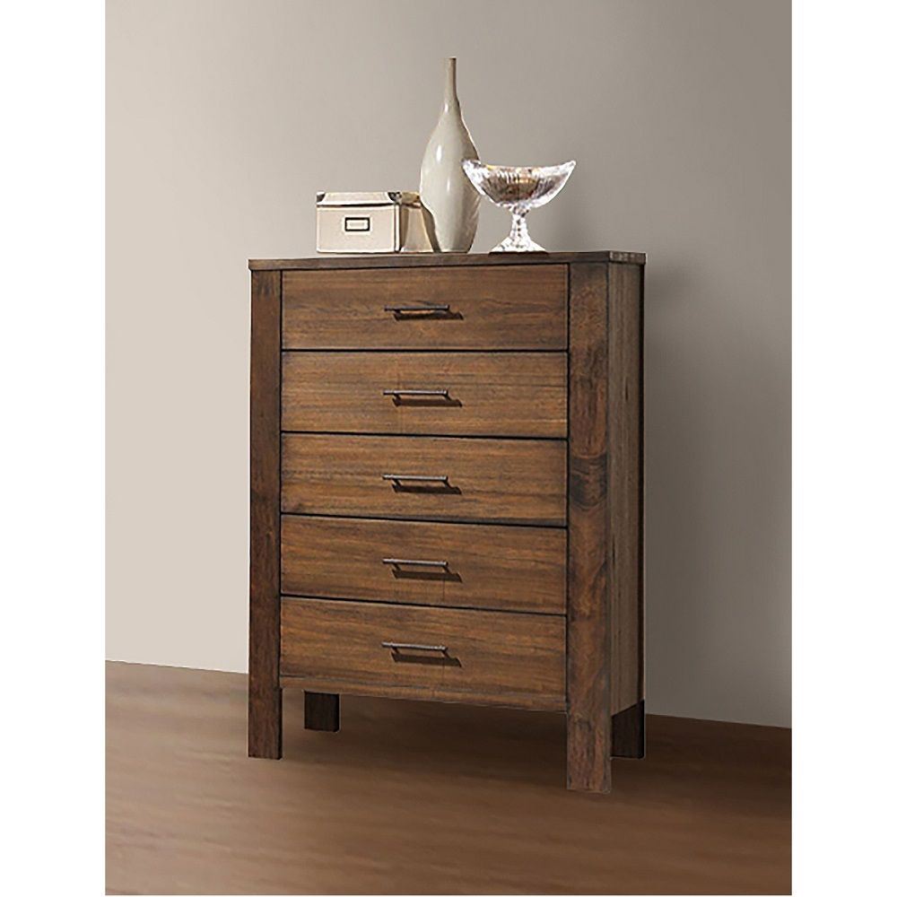The Merrilee chest features 5 drawers with oak finish. All drawers have English dovetail and antique brass metal hardware, offers you plentiful storage with spacious drawers.<br/><br/><b>Product Features</b><ul><li>Wooden Frame & Straight Leg</li><li>Case