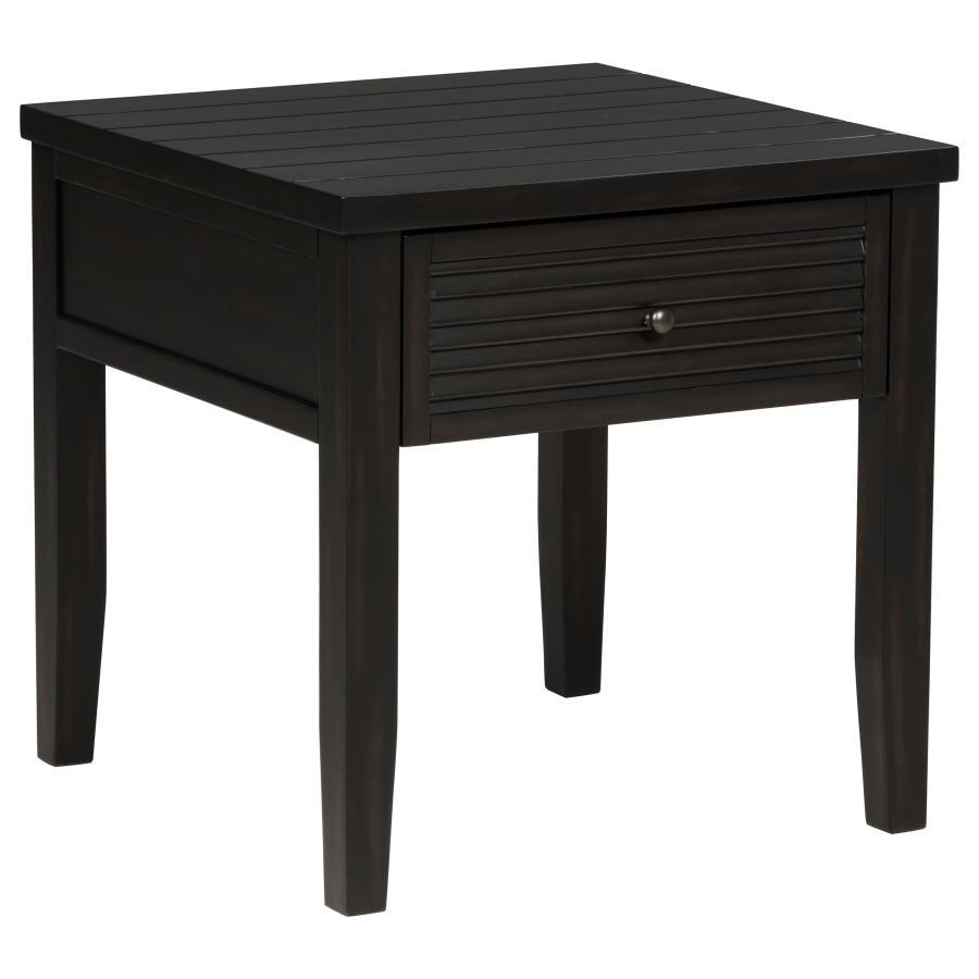 Complete your living room ensemble with this charming end table, offering both style and practicality. Crafted with solid wood legs and a robust engineered wood frame with a pine veneer, it adds a rustic touch with a hint of elegance. The planked wood top