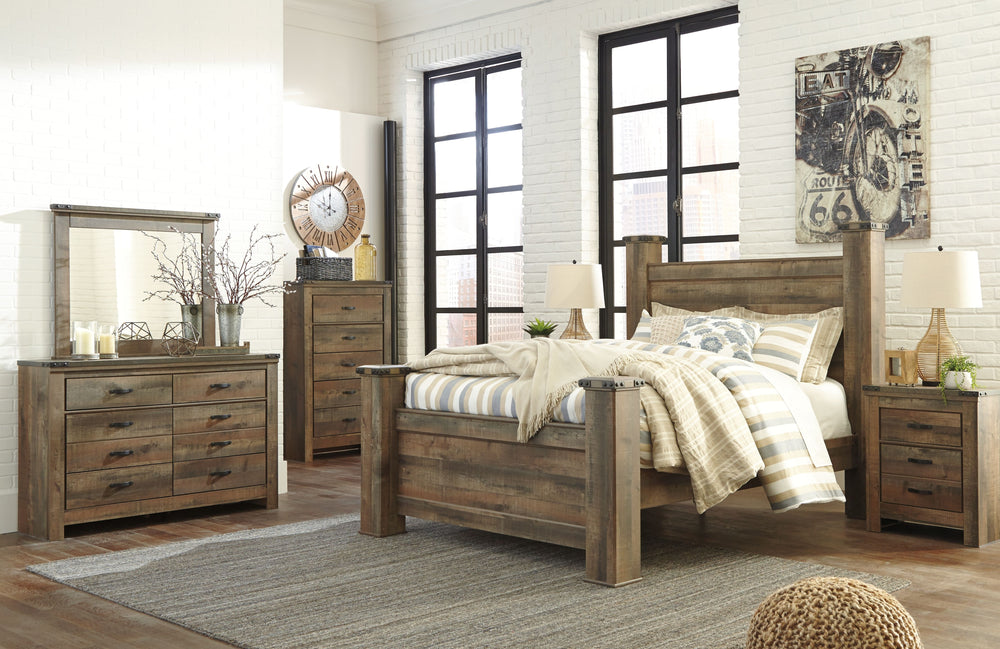 Giddy up your style. If youâ€™re a cowboy or cowgirl at heart, this queen poster bed matches your authentic sense of taste. Rustic finish, plank details and nailhead trim are an homage to reclaimed barn wood, making for a sophisticated look loaded with co
