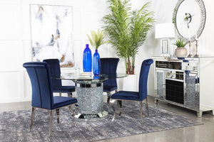  clear glass top reveals the scintillating column-inspired pedestal frame beneath