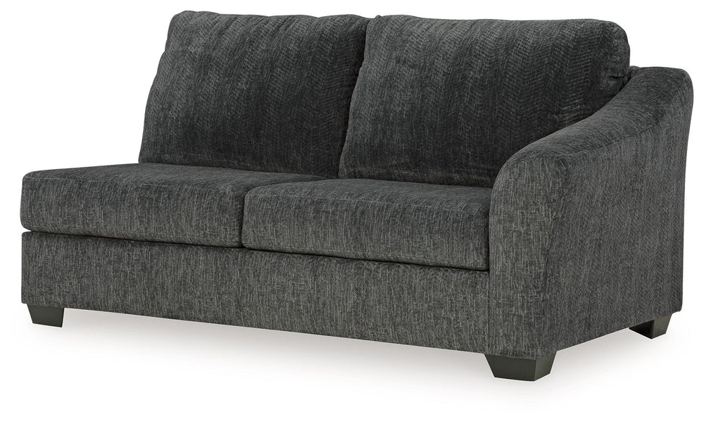 This right-arm facing sofa is made with polyester upholstery. Pairs with other items in the series to make a sectional, sold separately.<br><br><b>Additional Dimensions</b><br><ul><li>Arm height: 27-"</li><li>Seat depth: 32-"</li><li>Seat height: 20-"</li