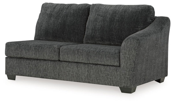 This right-arm facing sofa is made with polyester upholstery. Pairs with other items in the series to make a sectional, sold separately.<br><br><b>Additional Dimensions</b><br><ul><li>Arm height: 27-"</li><li>Seat depth: 32-"</li><li>Seat height: 20-"</li