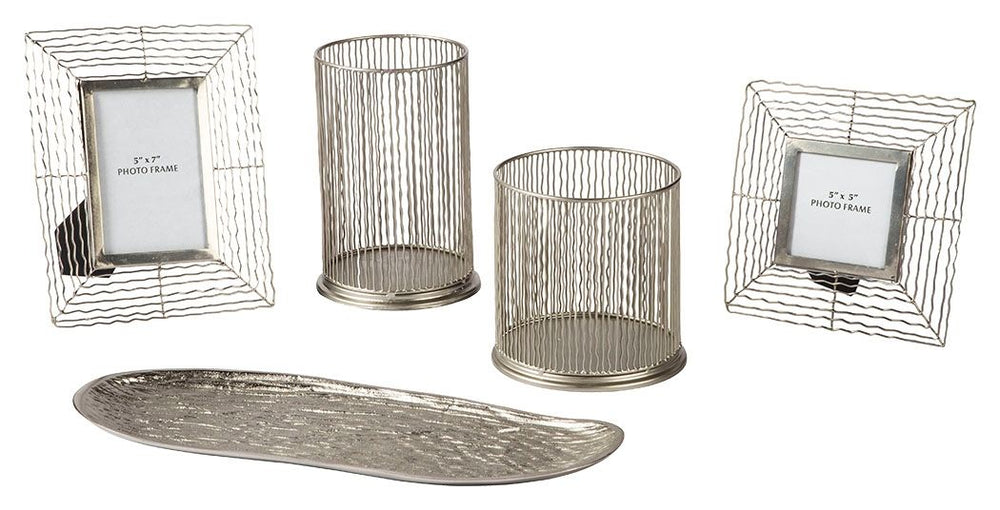 Make some waves with this highly contemporary accessory collection. Wonderfully open and airy, the wavy metal frames and hurricane candle holders beautifully go with the flow. Organic shaped tray is a natural complement.<br><br><b>Additional Dimensions</b