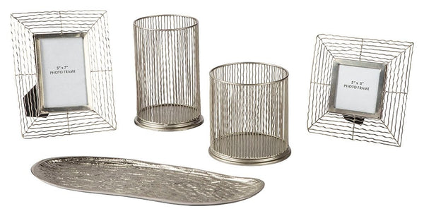 Make some waves with this highly contemporary accessory collection. Wonderfully open and airy, the wavy metal frames and hurricane candle holders beautifully go with the flow. Organic shaped tray is a natural complement.<br><br><b>Additional Dimensions</b