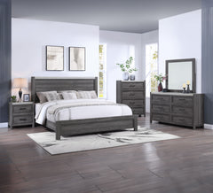 Step into modern simplicity with this bedroom collection that pairs a sleek, gray finish with a streamlined design. The sturdy bed acts as the focal point with a bold yet unadorned headboard, complemented by matching pieces that offer practical storage so