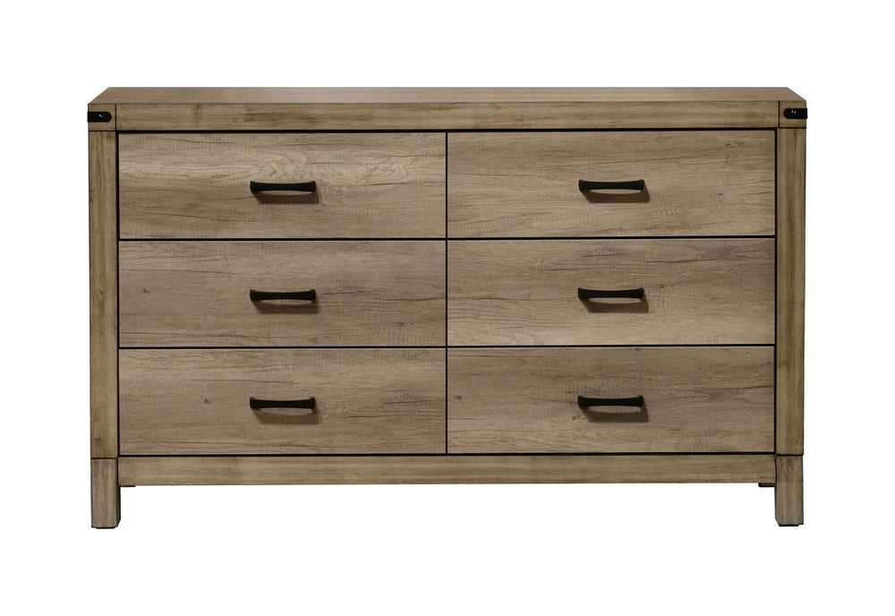 This modern bedroom collection features a clean-lined design with a stylish weathered gray finish. Sturdy and practical, each piece is equipped with ample storage and smooth metal hardware. The bed-'s bold headboard is a standout element, making it the fo