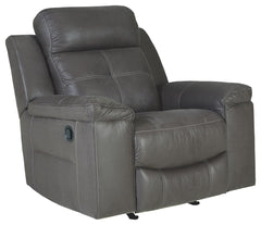 Rustic character comes forth in this dark gray rocker recliner. Designer stitching adds a fashion-forward touch to its soft cushions. Faux suede fabric speaks to your knack for superior-quality materials. The reclinerâ€™s high back provides ample support 